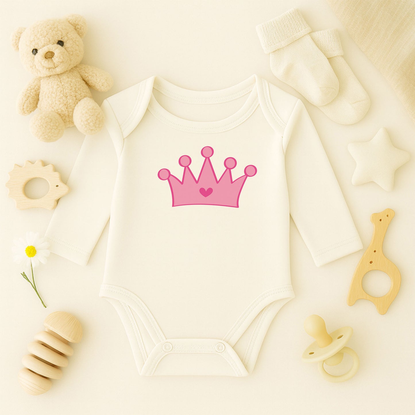 Pembe Prenses Tacı Baskılı Kız Bebek Zıbını | 1–36 Ay, DTF Baskı, Sevimli Tasarım