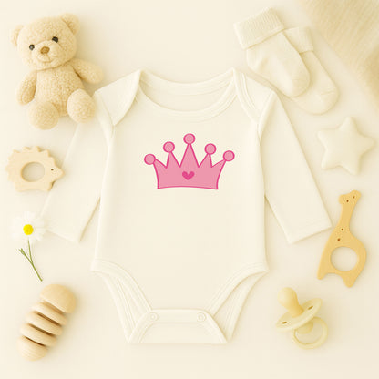 Pembe Prenses Tacı Baskılı Kız Bebek Zıbını | 1–36 Ay, DTF Baskı, Sevimli Tasarım