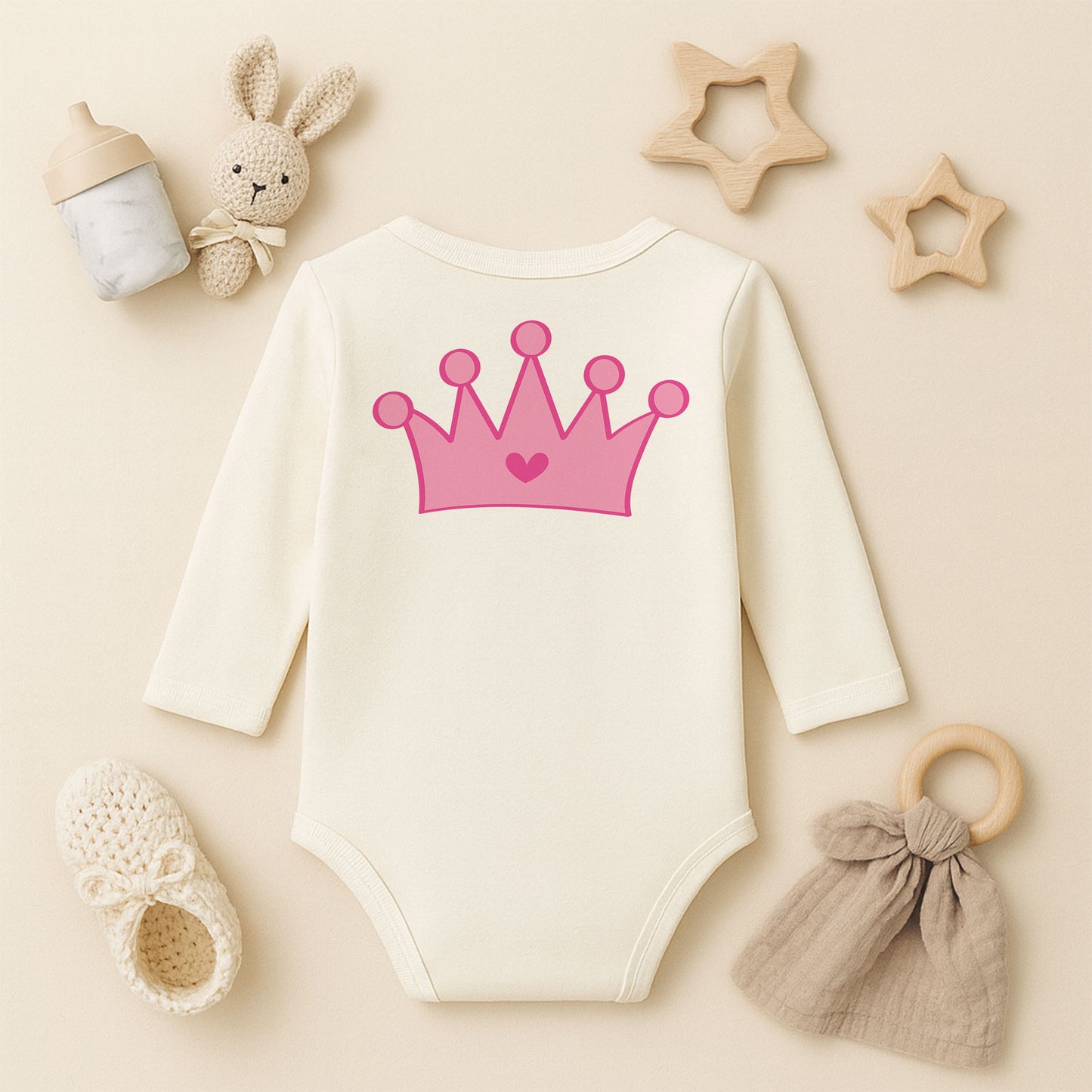 Pembe Prenses Tacı Baskılı Kız Bebek Zıbını | 1–36 Ay, DTF Baskı, Sevimli Tasarım