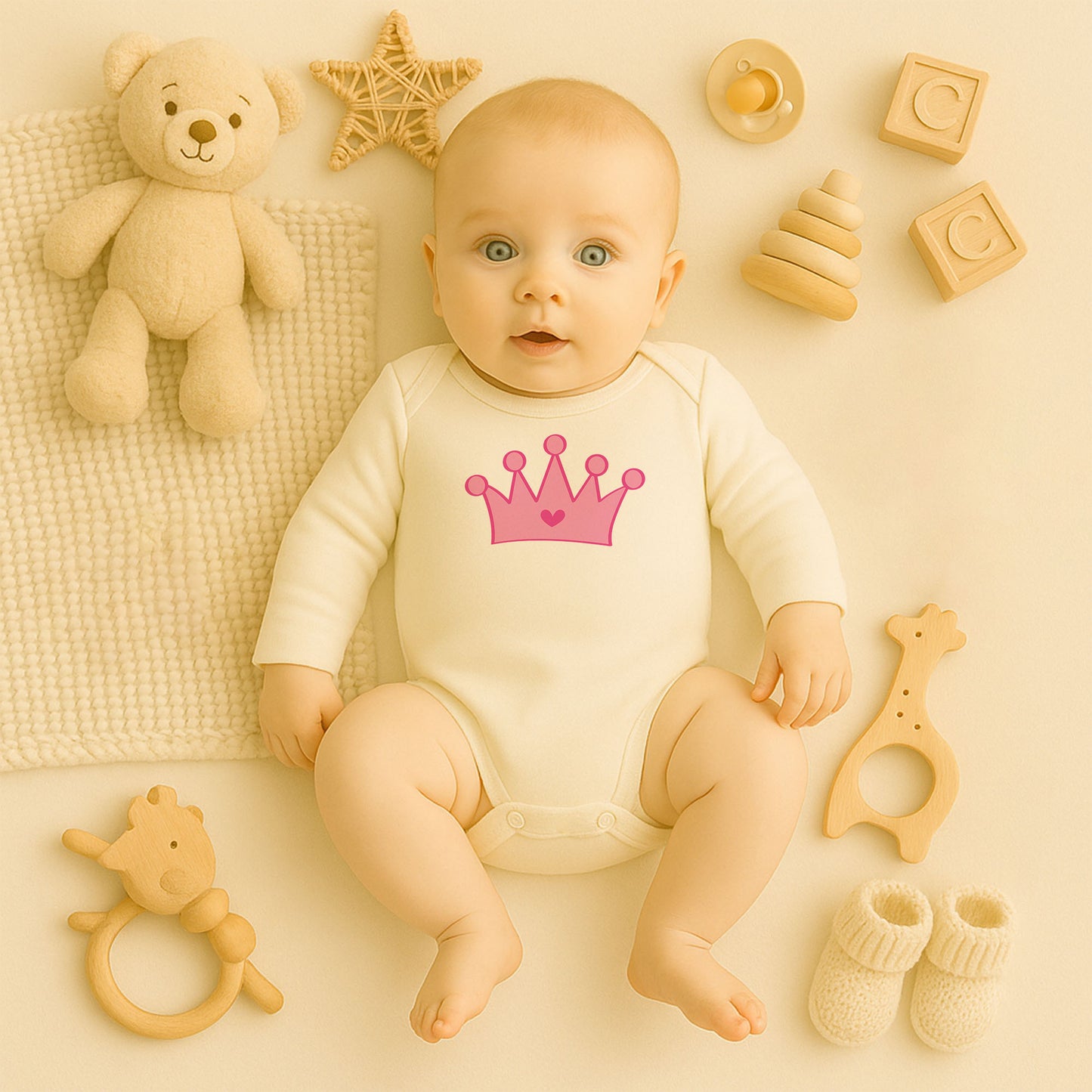 Pembe Prenses Tacı Baskılı Kız Bebek Zıbını | 1–36 Ay, DTF Baskı, Sevimli Tasarım