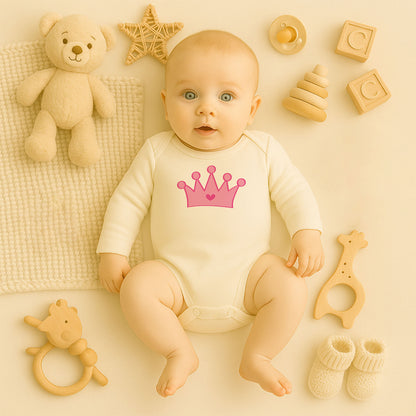 Pembe Prenses Tacı Baskılı Kız Bebek Zıbını | 1–36 Ay, DTF Baskı, Sevimli Tasarım