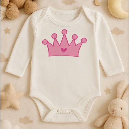 Pembe Prenses Tacı Baskılı Kız Bebek Zıbını | 1–36 Ay, DTF Baskı, Sevimli Tasarım