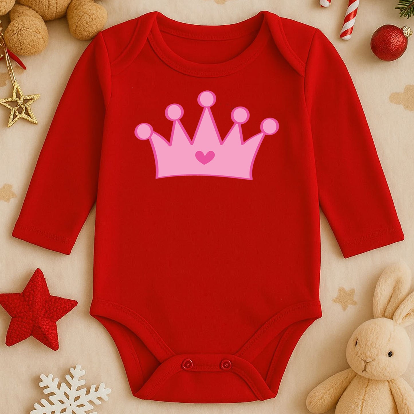 Pembe Prenses Tacı Baskılı Kız Bebek Zıbını | 1–36 Ay, DTF Baskı, Sevimli Tasarım