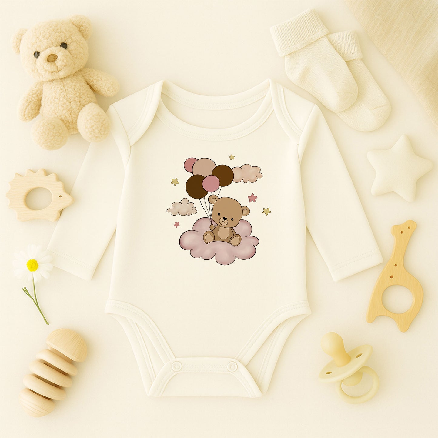Bulut Üzerinde Balonlu Ayıcık Baskılı Bebek Zıbını | 1–36 Ay, DTF Baskı, Sevimli Tasarım
