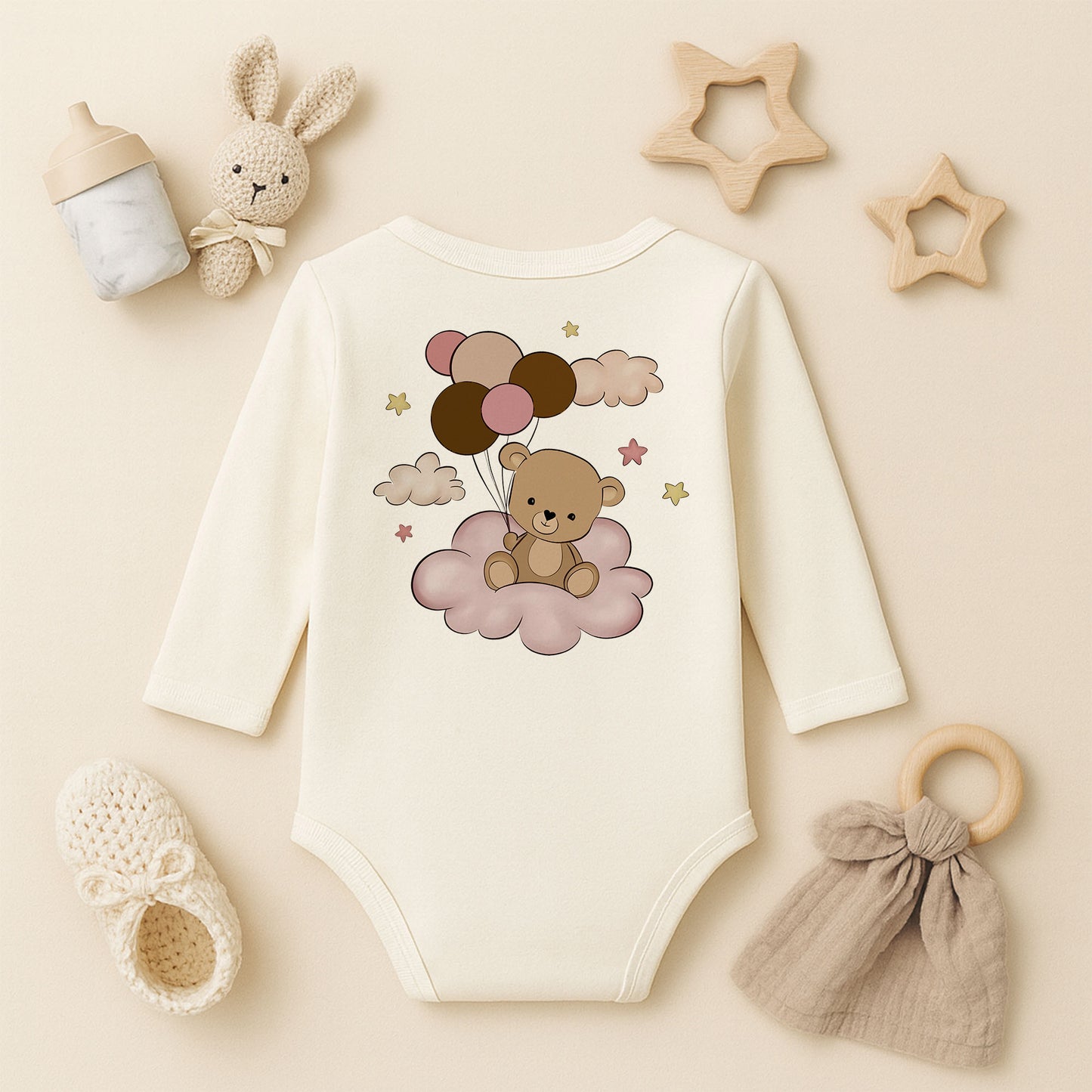 Bulut Üzerinde Balonlu Ayıcık Baskılı Bebek Zıbını | 1–36 Ay, DTF Baskı, Sevimli Tasarım