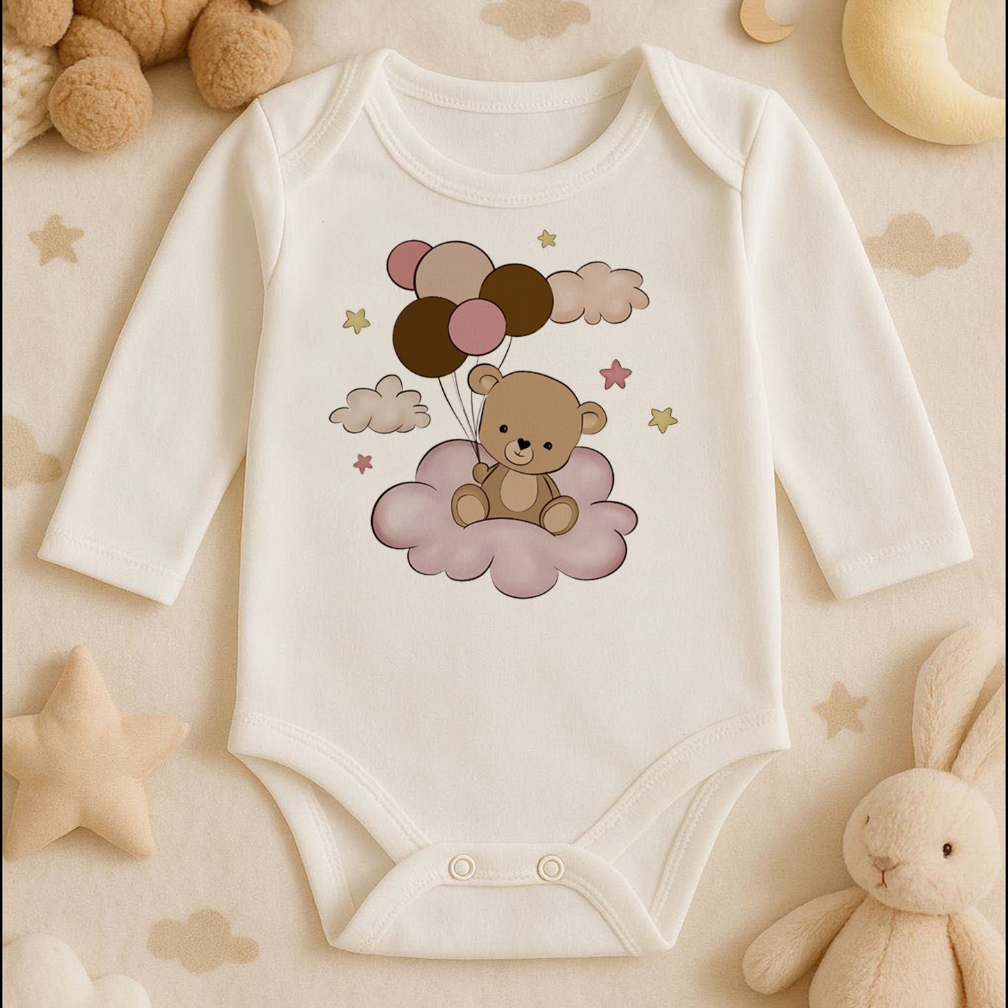 Bulut Üzerinde Balonlu Ayıcık Baskılı Bebek Zıbını | 1–36 Ay, DTF Baskı, Sevimli Tasarım