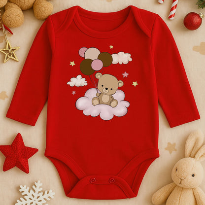 Bulut Üzerinde Balonlu Ayıcık Baskılı Bebek Zıbını | 1–36 Ay, DTF Baskı, Sevimli Tasarım