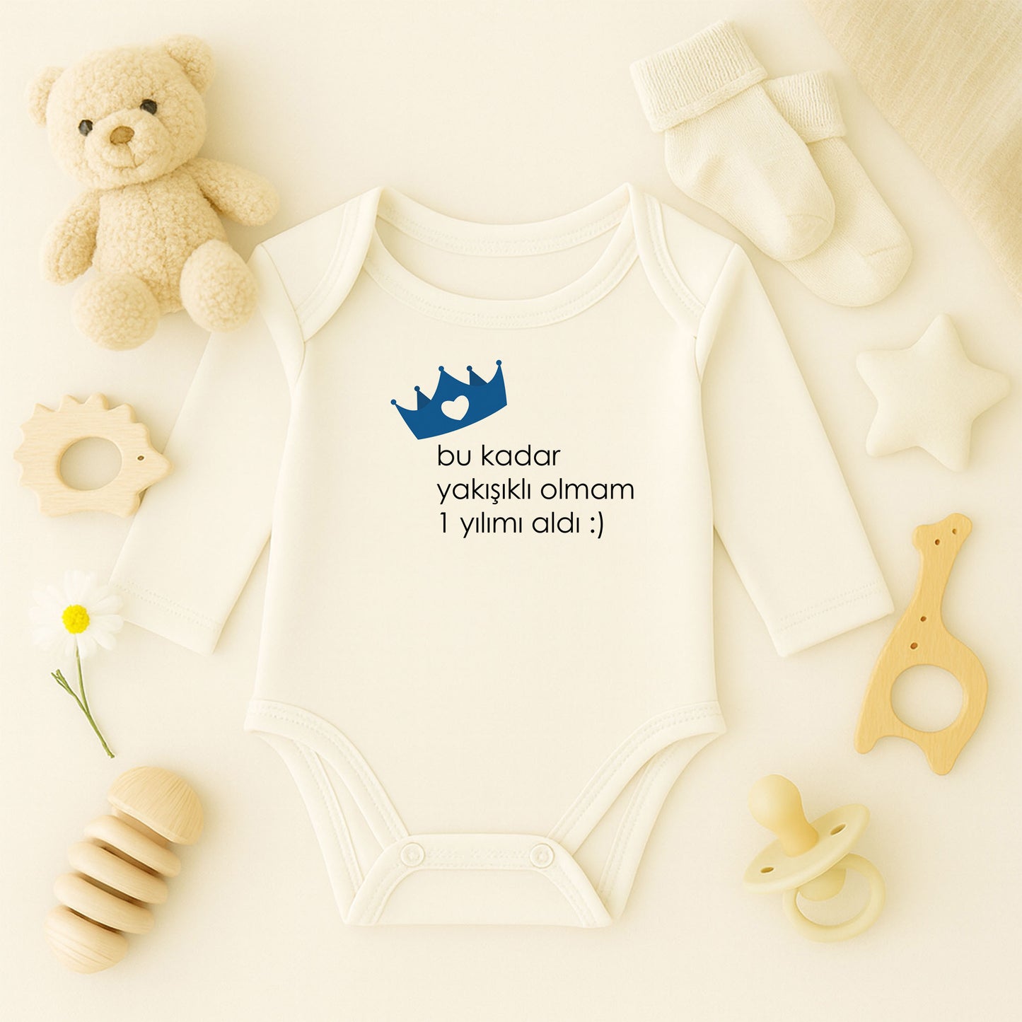 Mavi Kalpli Taç Baskılı Bebek Zıbını | 1–36 Ay, DTF Baskı, Prens Temalı