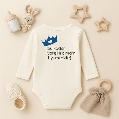 Mavi Kalpli Taç Baskılı Bebek Zıbını | 1–36 Ay, DTF Baskı, Prens Temalı