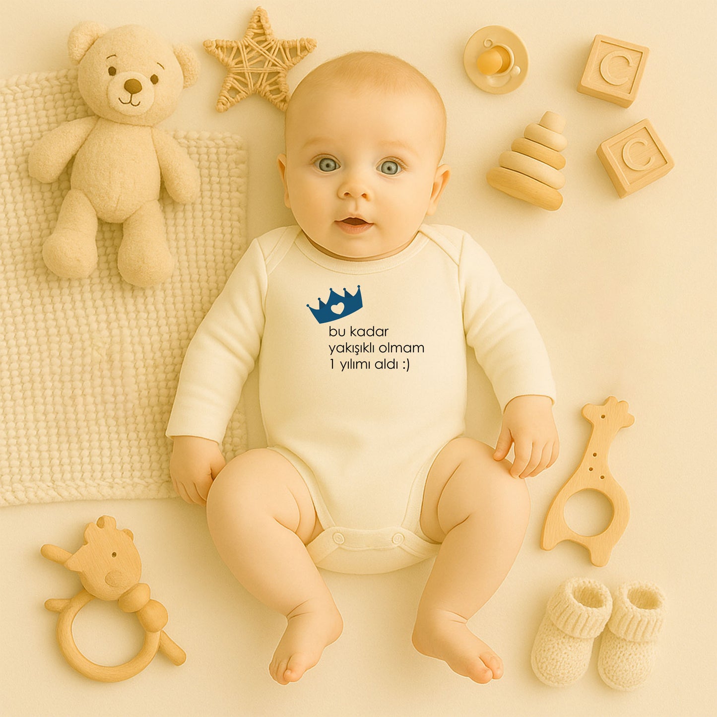 Mavi Kalpli Taç Baskılı Bebek Zıbını | 1–36 Ay, DTF Baskı, Prens Temalı