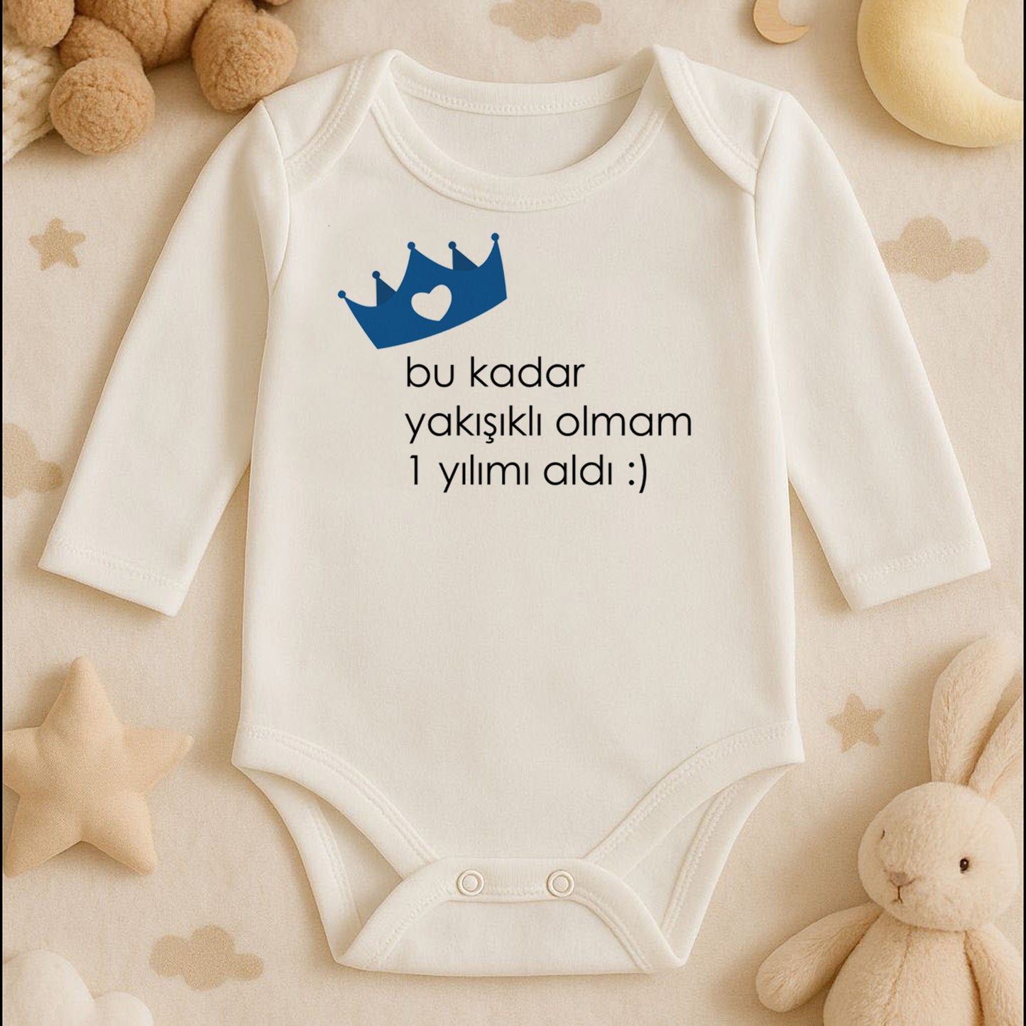 Mavi Kalpli Taç Baskılı Bebek Zıbını | 1–36 Ay, DTF Baskı, Prens Temalı