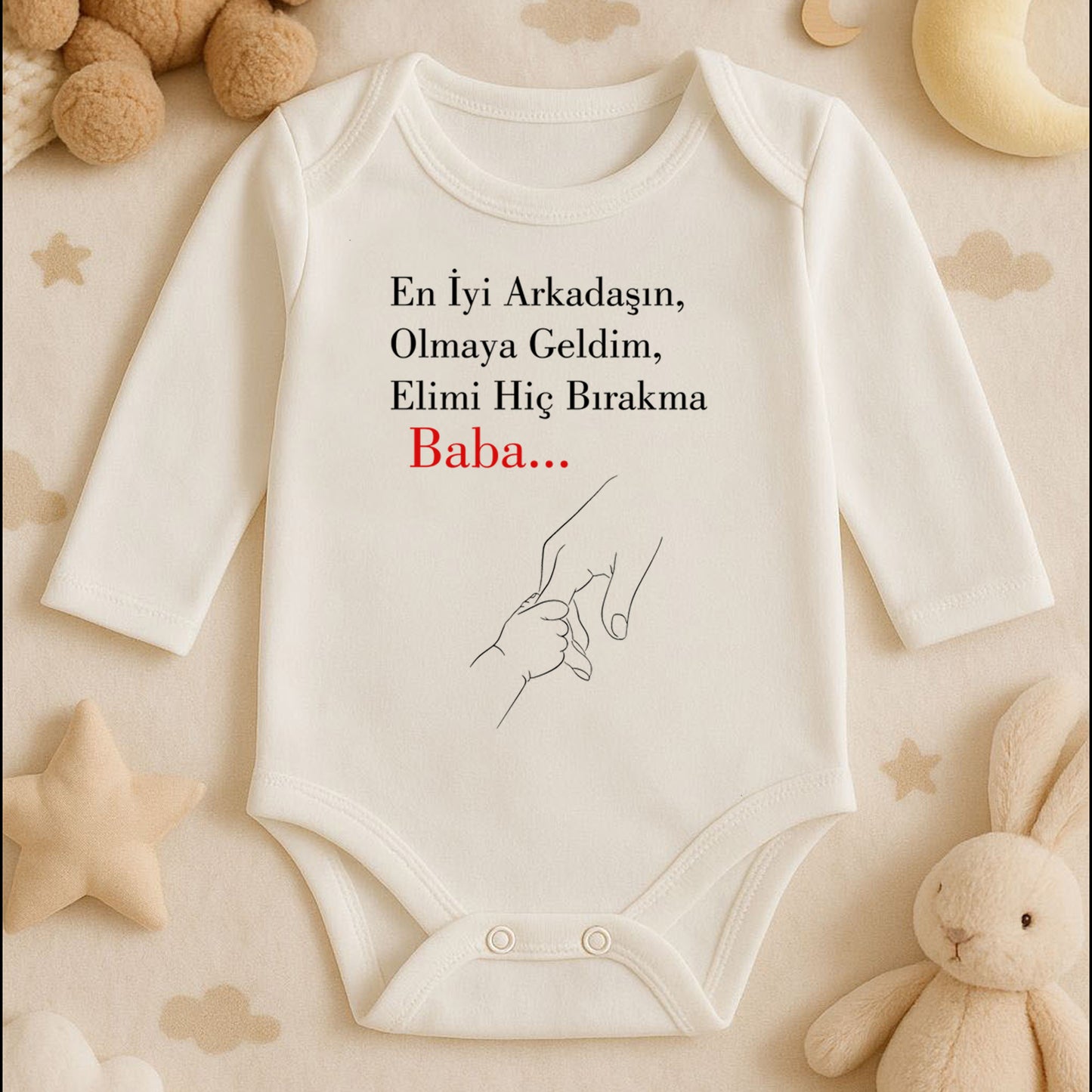 “Baba…” Yazılı Minimal El Ele Baskılı Bebek Zıbını | 1–36 Ay, DTF Baskı