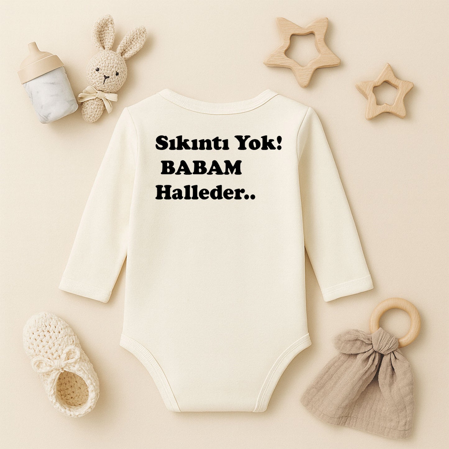 ''Sıkıntı Yok Babam Halleder'' Zıbını – İsimli Tasarım | 1–36 Ay, Hassas Ciltlere Uygun DTF Baskı