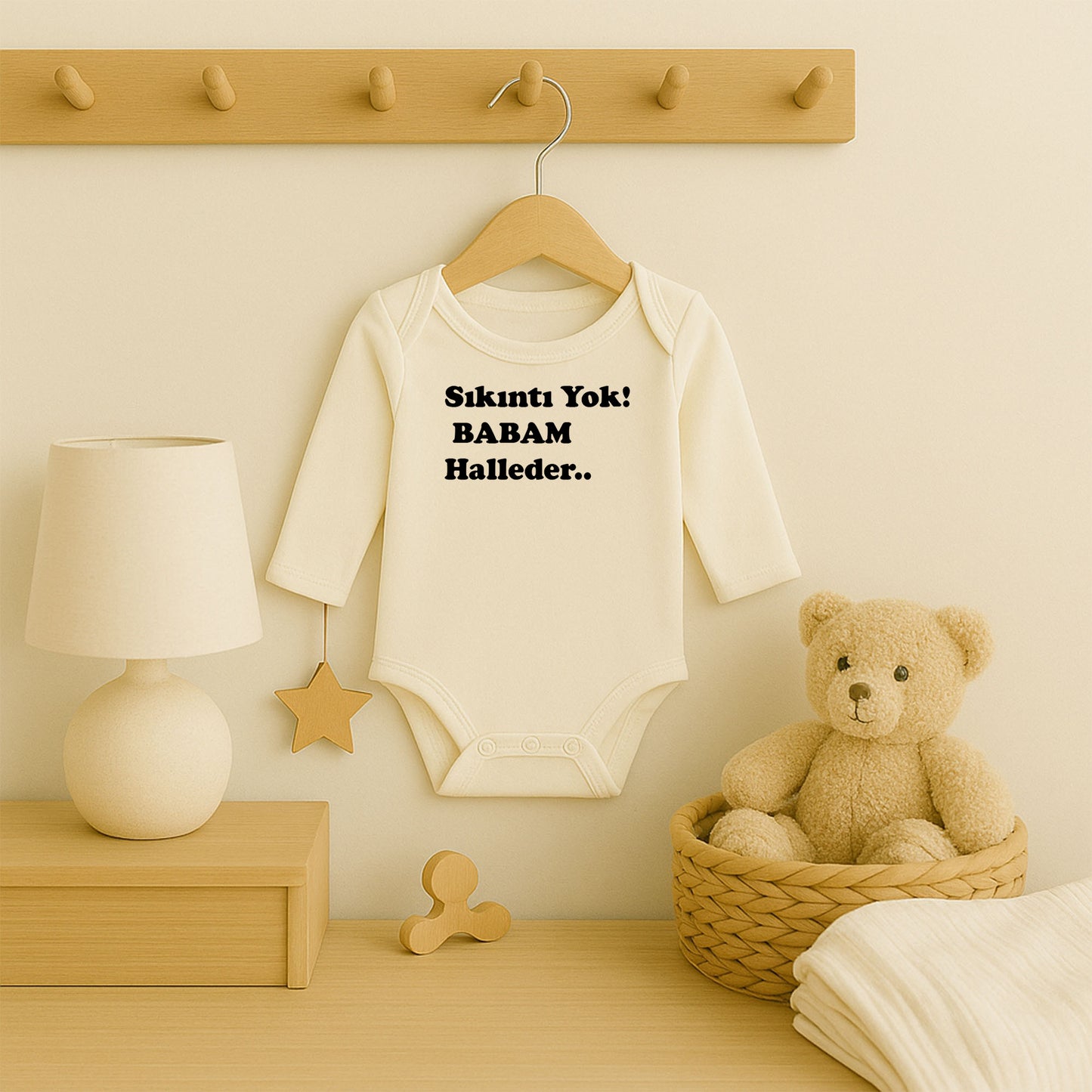 ''Sıkıntı Yok Babam Halleder'' Zıbını – İsimli Tasarım | 1–36 Ay, Hassas Ciltlere Uygun DTF Baskı