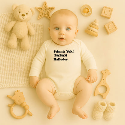 ''Sıkıntı Yok Babam Halleder'' Zıbını – İsimli Tasarım | 1–36 Ay, Hassas Ciltlere Uygun DTF Baskı