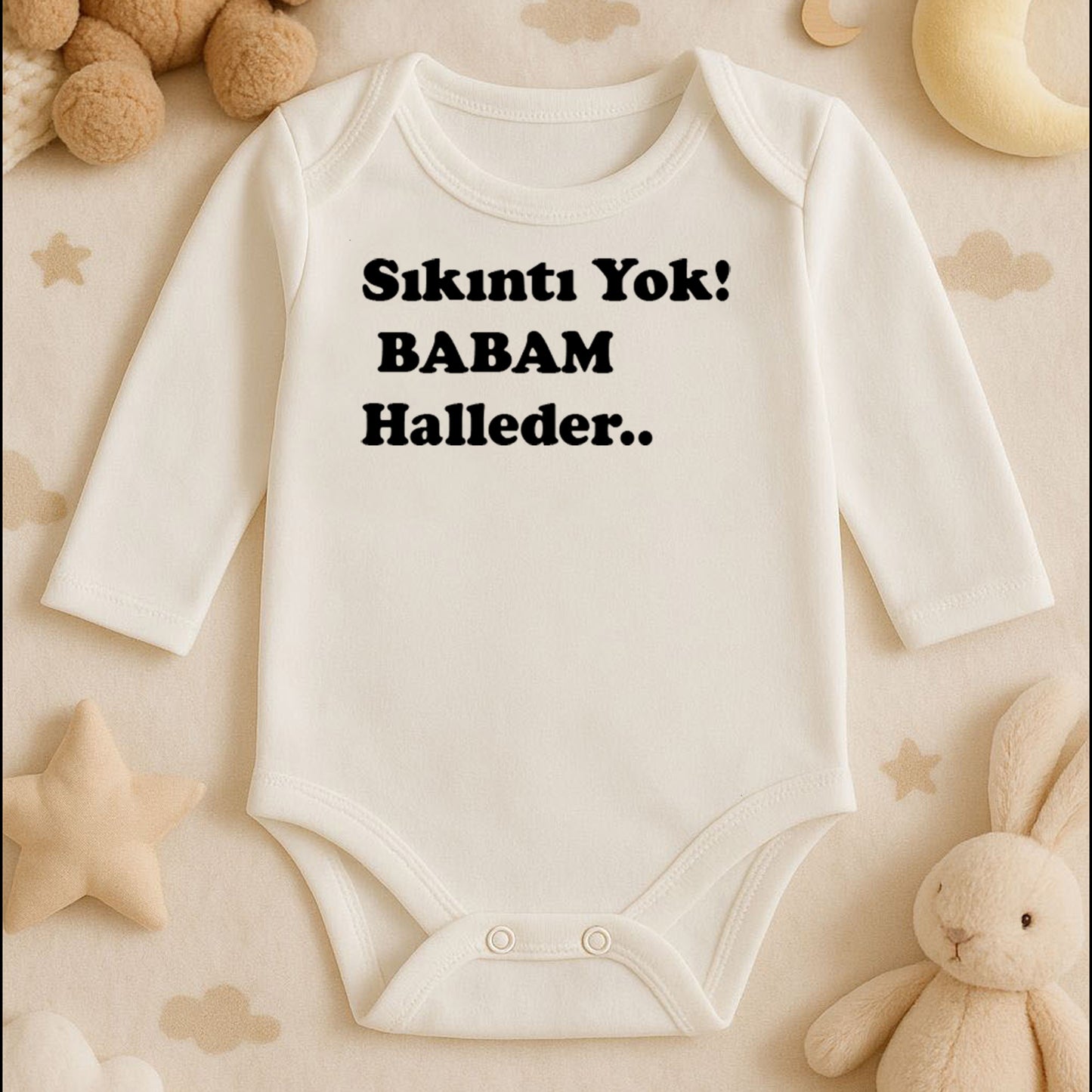 ''Sıkıntı Yok Babam Halleder'' Zıbını – İsimli Tasarım | 1–36 Ay, Hassas Ciltlere Uygun DTF Baskı