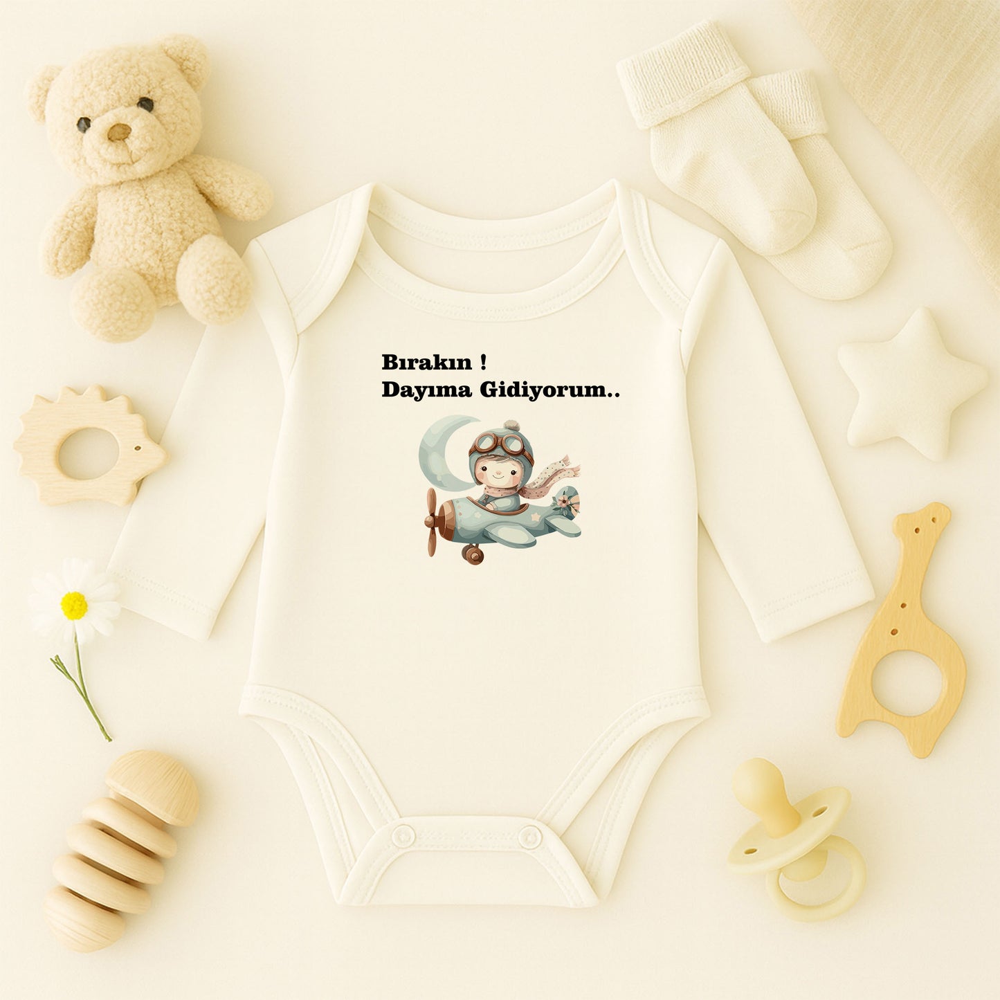 Kişiye Özel Uçaklı Bebek Zıbını – Pilot Temalı İsimli Tasarım | 1–36 Ay DTF Baskı