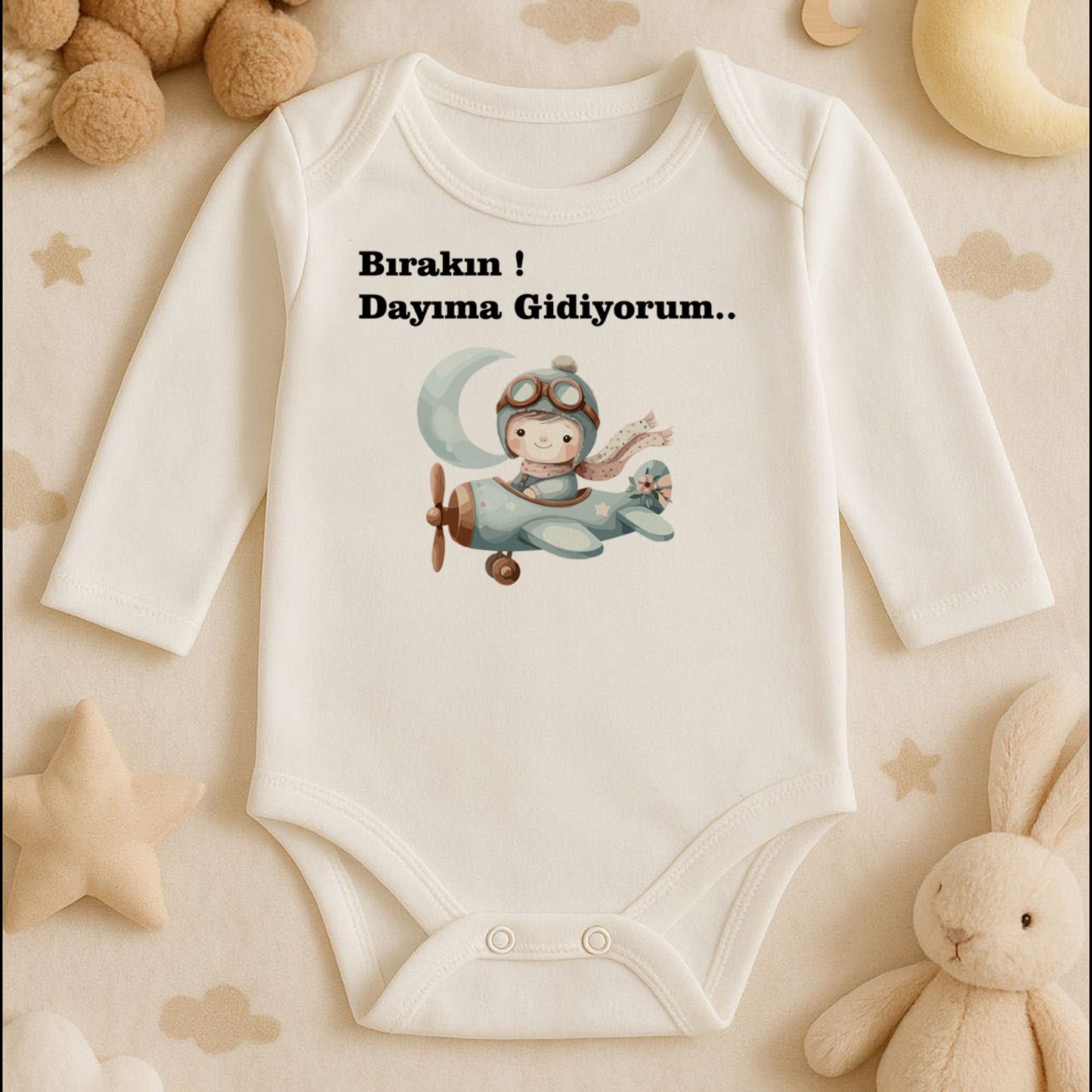 Kişiye Özel Uçaklı Bebek Zıbını – Pilot Temalı İsimli Tasarım | 1–36 Ay DTF Baskı