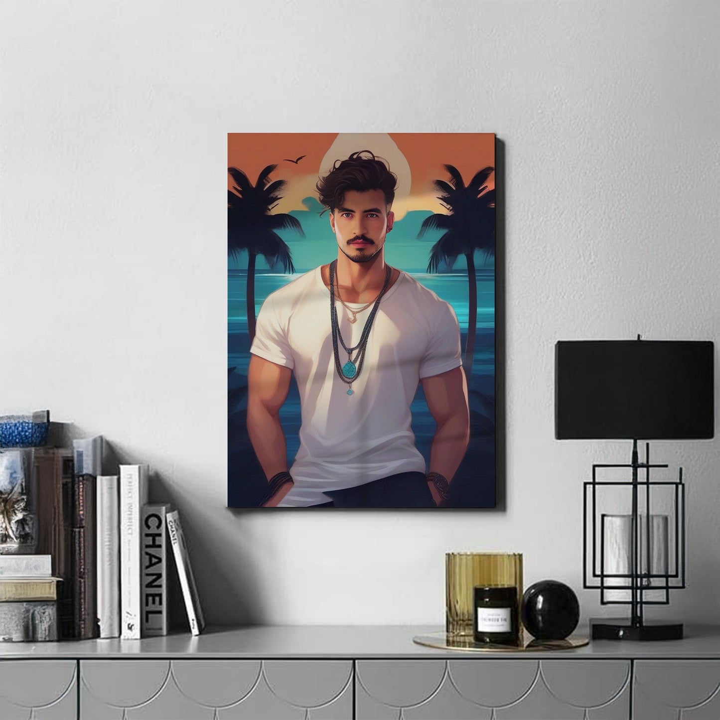 Kişiye Özel Sahil Karikatür Tasarımlı Cam Tablo | Şık ve Dayanıklı Dekor