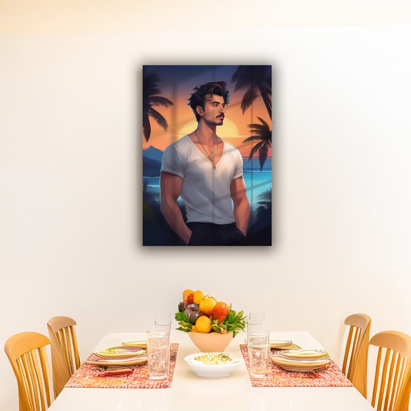 Kişiye Özel Sahil Karikatür Tasarımlı Cam Tablo | Şık ve Dayanıklı Dekor