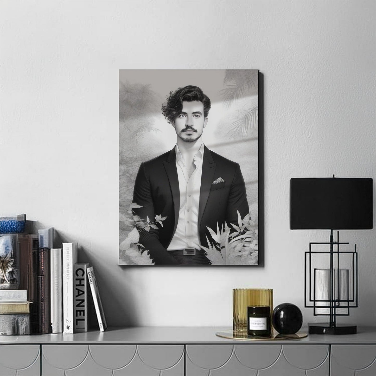 Kişiye Özel Siyah Beyaz Efektli Karikatür Cam Tablo | Modern ve Zarif Dekorasyon