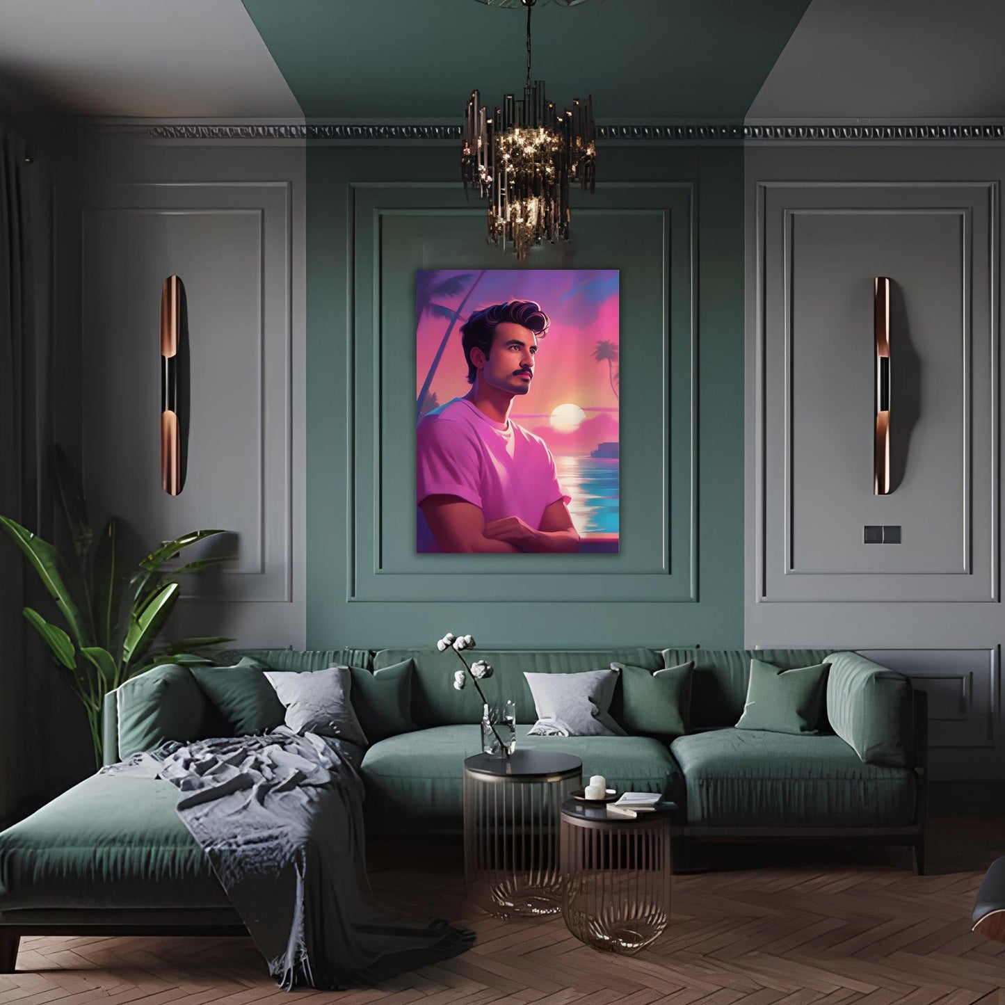 Kişiye Özel Günbatımı Temalı Karikatür Cam Tablo | Romantik ve Şık Dekorasyon