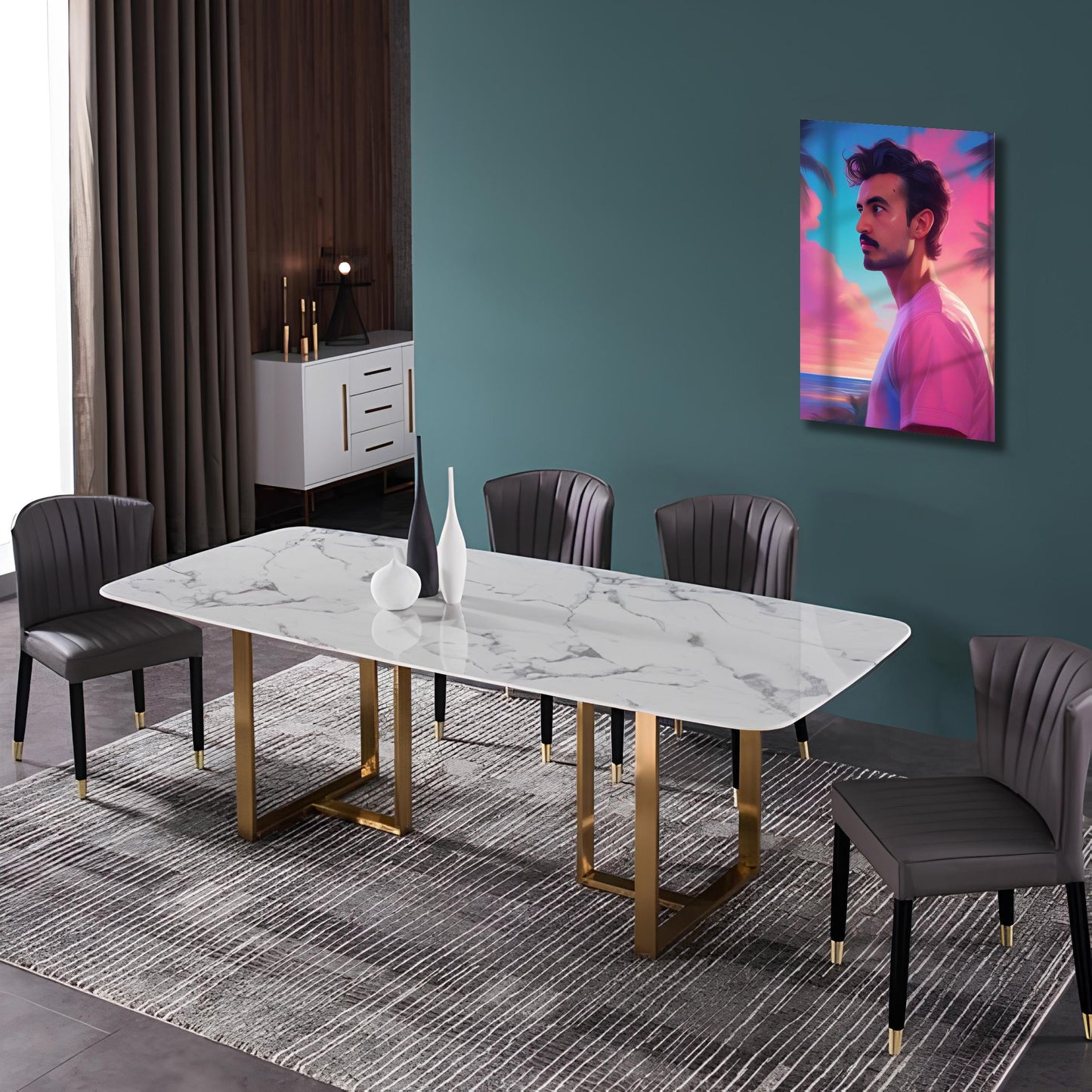 Kişiye Özel Günbatımı Temalı Karikatür Cam Tablo | Romantik ve Şık Dekorasyon