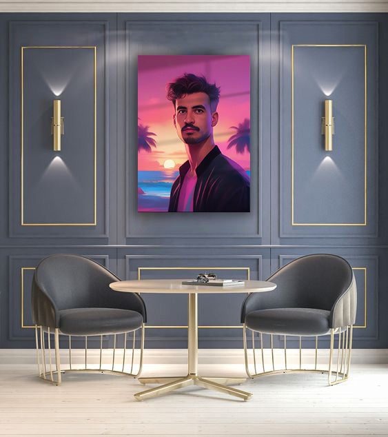 Kişiye Özel Günbatımı Temalı Karikatür Cam Tablo | Romantik ve Şık Dekorasyon