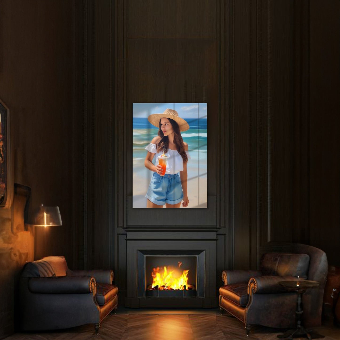 Kişiye Özel Sahil Karikatür Tasarımlı Cam Tablo | Şık ve Dayanıklı Dekor