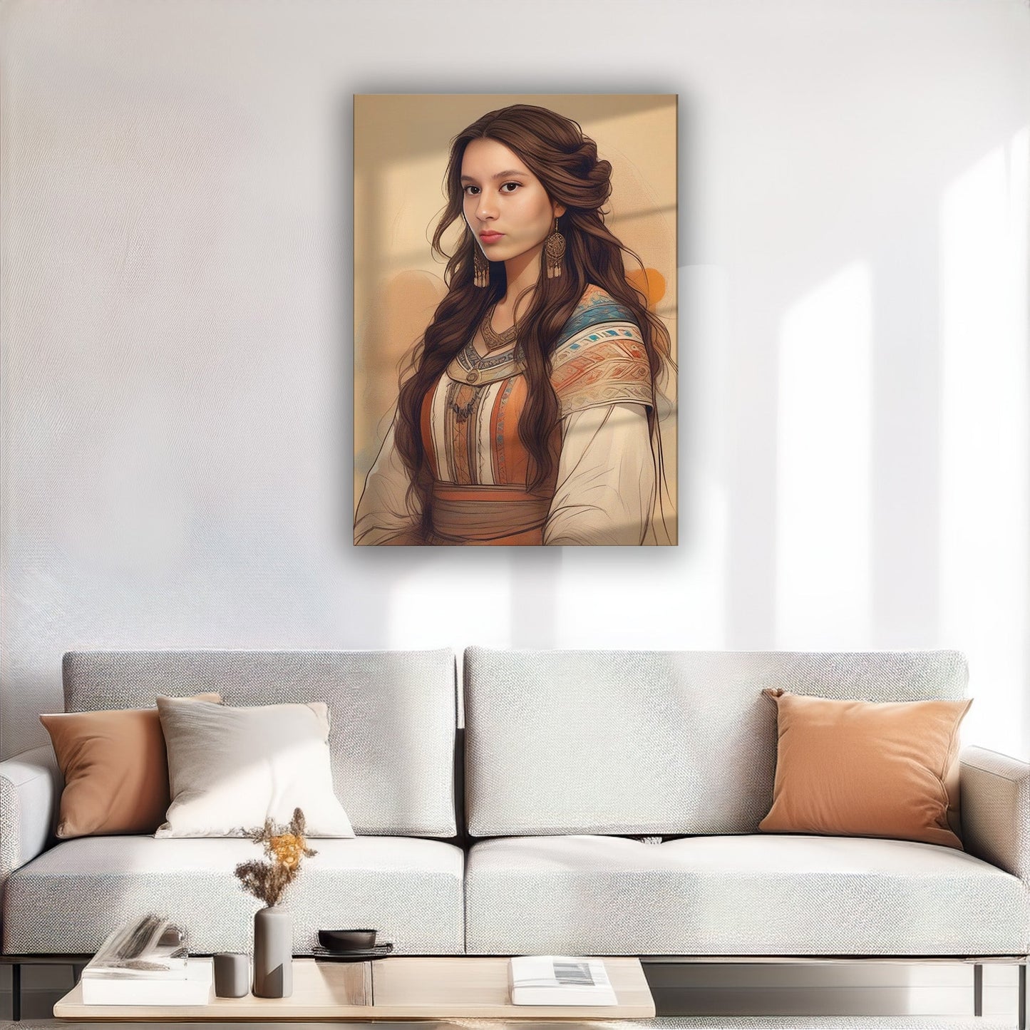 Kişiye Özel Kızılderili Kız Temalı Karikatür Cam Tablo | Doğal ve Şık Dekorasyon