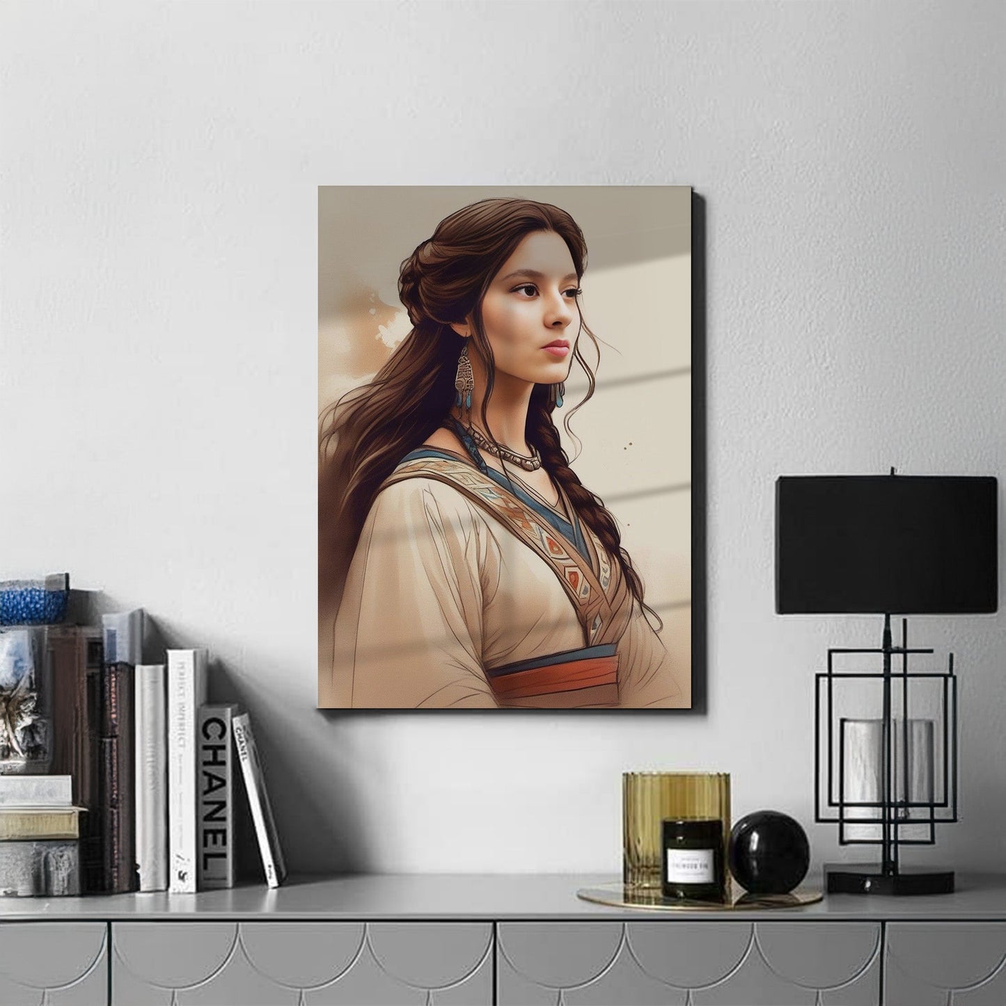 Kişiye Özel Kızılderili Kız Temalı Karikatür Cam Tablo | Doğal ve Şık Dekorasyon