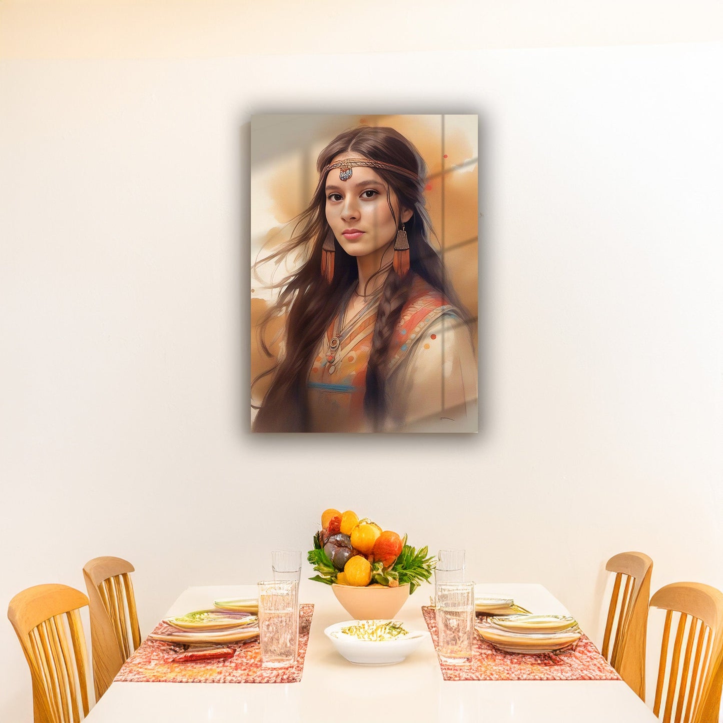 Kişiye Özel Kızılderili Kız Temalı Karikatür Cam Tablo | Doğal ve Şık Dekorasyon