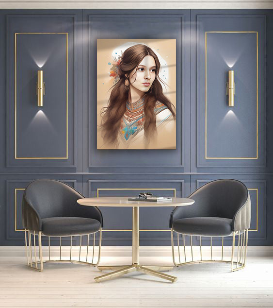 Kişiye Özel Kızılderili Kız Temalı Karikatür Cam Tablo | Doğal ve Şık Dekorasyon