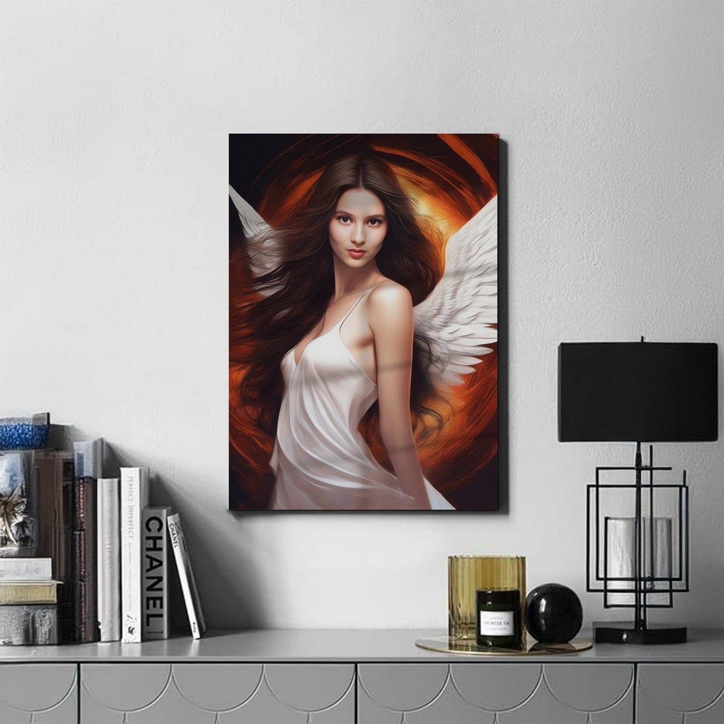 Kişiye Özel Melek Kız Temalı Karikatür Cam Tablo | Zarif ve İlahi Dekorasyon