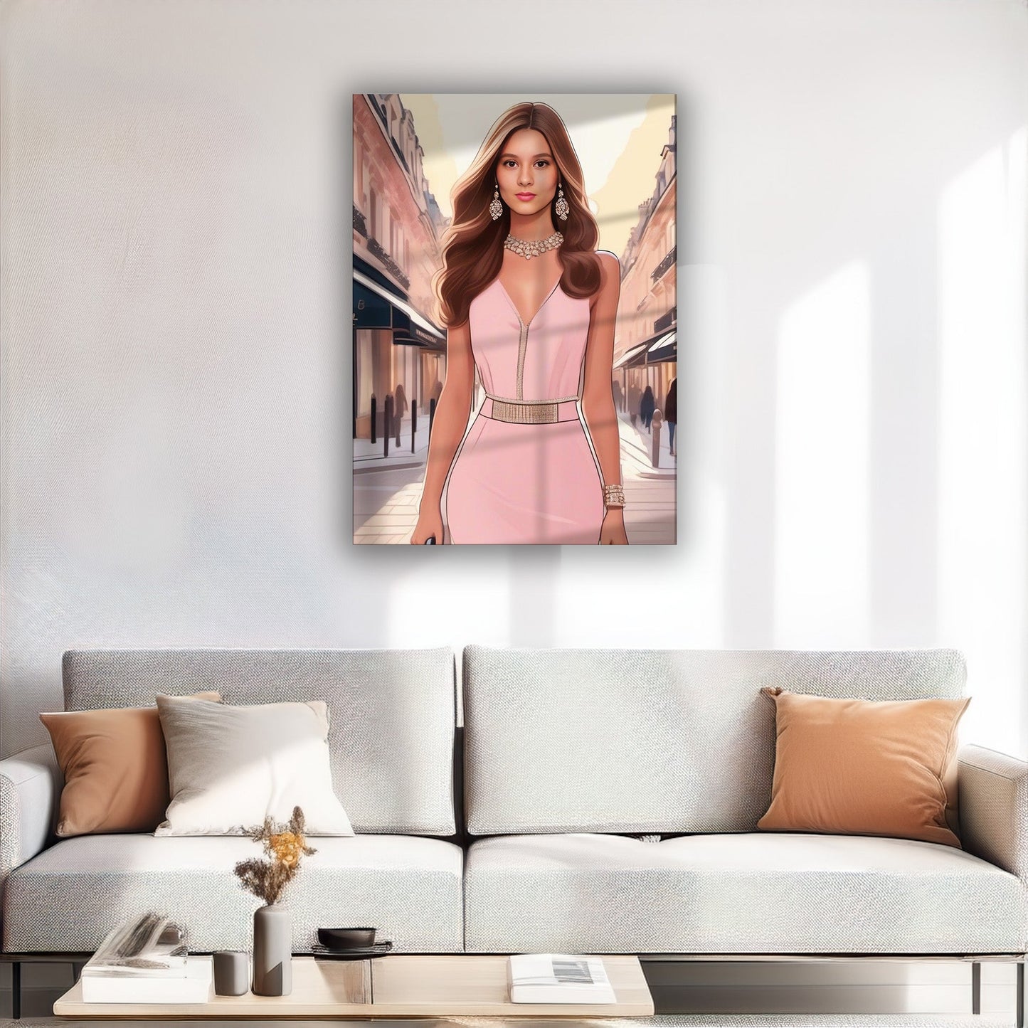 Kişiye Özel Pembe Elbiseli Kız Temalı Karikatür Cam Tablo | Zarif ve Şık Dekorasyon