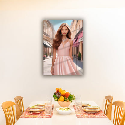 Kişiye Özel Pembe Elbiseli Kız Temalı Karikatür Cam Tablo | Zarif ve Şık Dekorasyon
