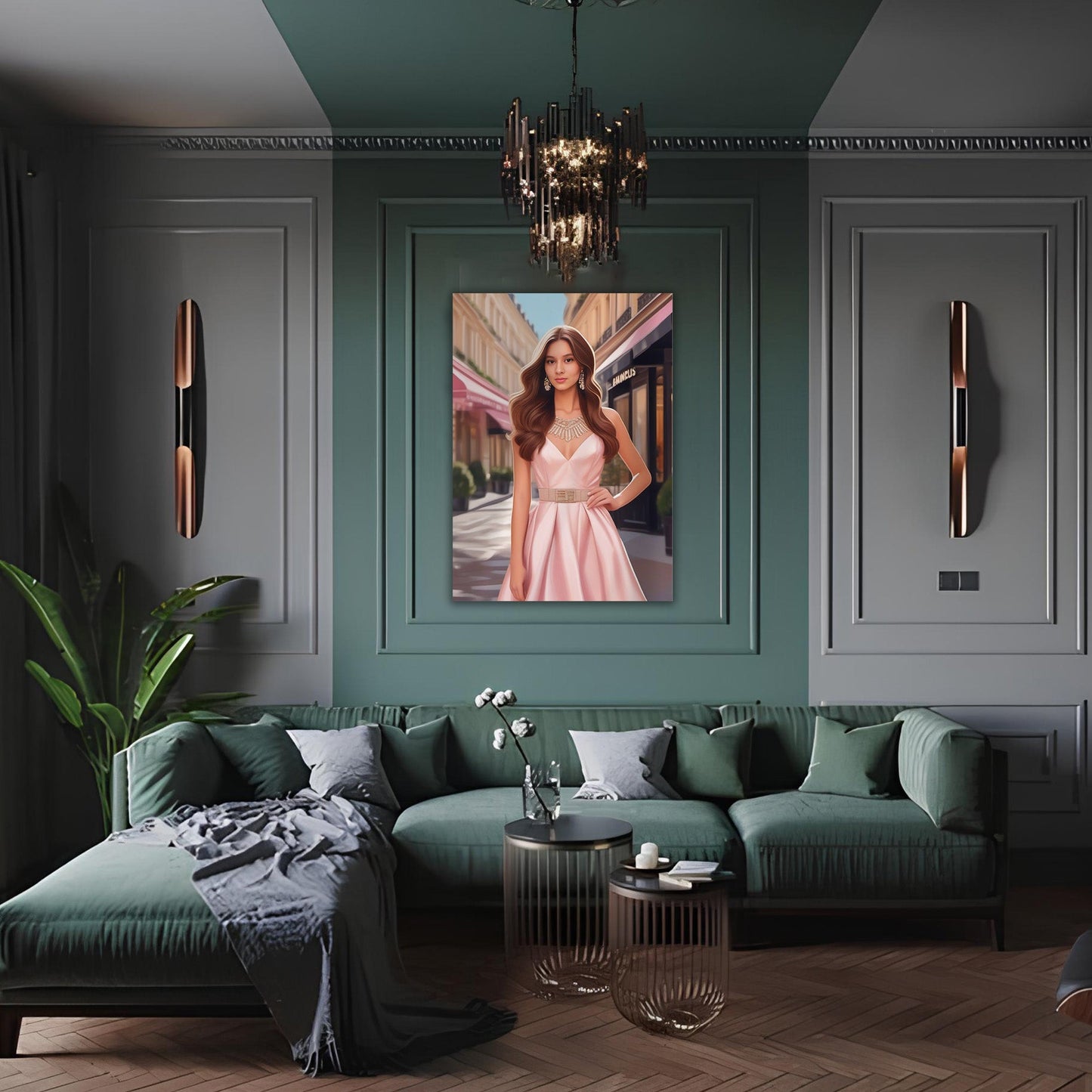 Kişiye Özel Pembe Elbiseli Kız Temalı Karikatür Cam Tablo | Zarif ve Şık Dekorasyon