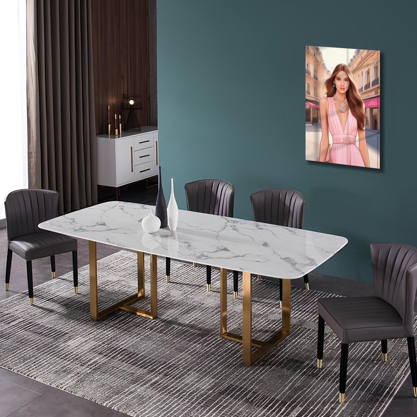 Kişiye Özel Pembe Elbiseli Kız Temalı Karikatür Cam Tablo | Zarif ve Şık Dekorasyon