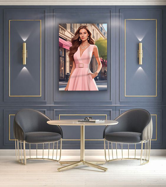 Kişiye Özel Pembe Elbiseli Kız Temalı Karikatür Cam Tablo | Zarif ve Şık Dekorasyon