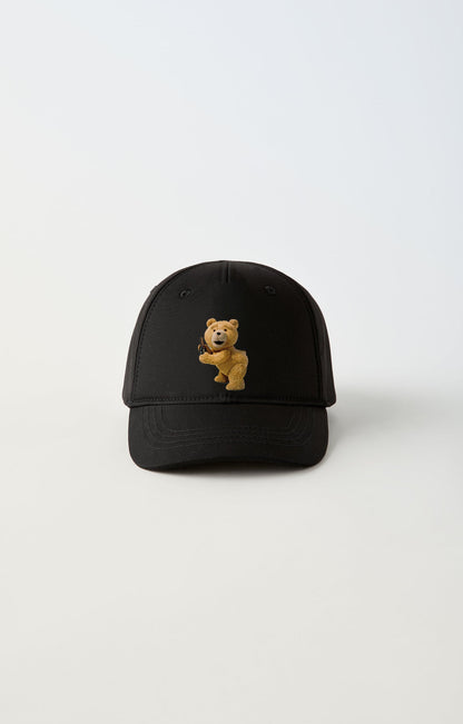 Ayı Teddy Bira Baskılı Baskılı Ayarlanabilir Siyah Şapka